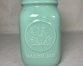 Vintage Fishs Eddy Green Mason Jar with Rooster, Farmhouse Decor, Rooster Chicken Decor Vase Utensils Storage.