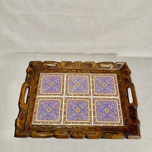 Large Vintage Talavera Tiled Ornate Carved Wood Mexican Serving Tray.