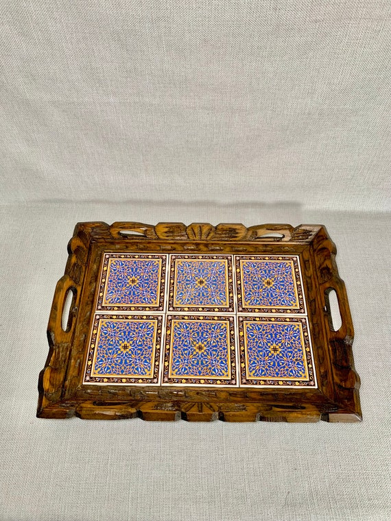 Large Vintage Talavera Tiled Ornate Carved Wood Mexican Serving Tray.
