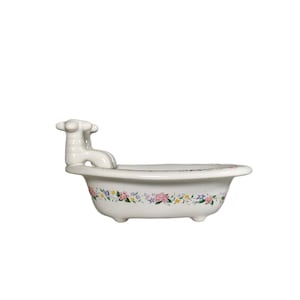 Vintage White Ceramic Shabby Chic Soap Sponge Jewelry Bathtub Dish By Upper Canada With Floral Decor.