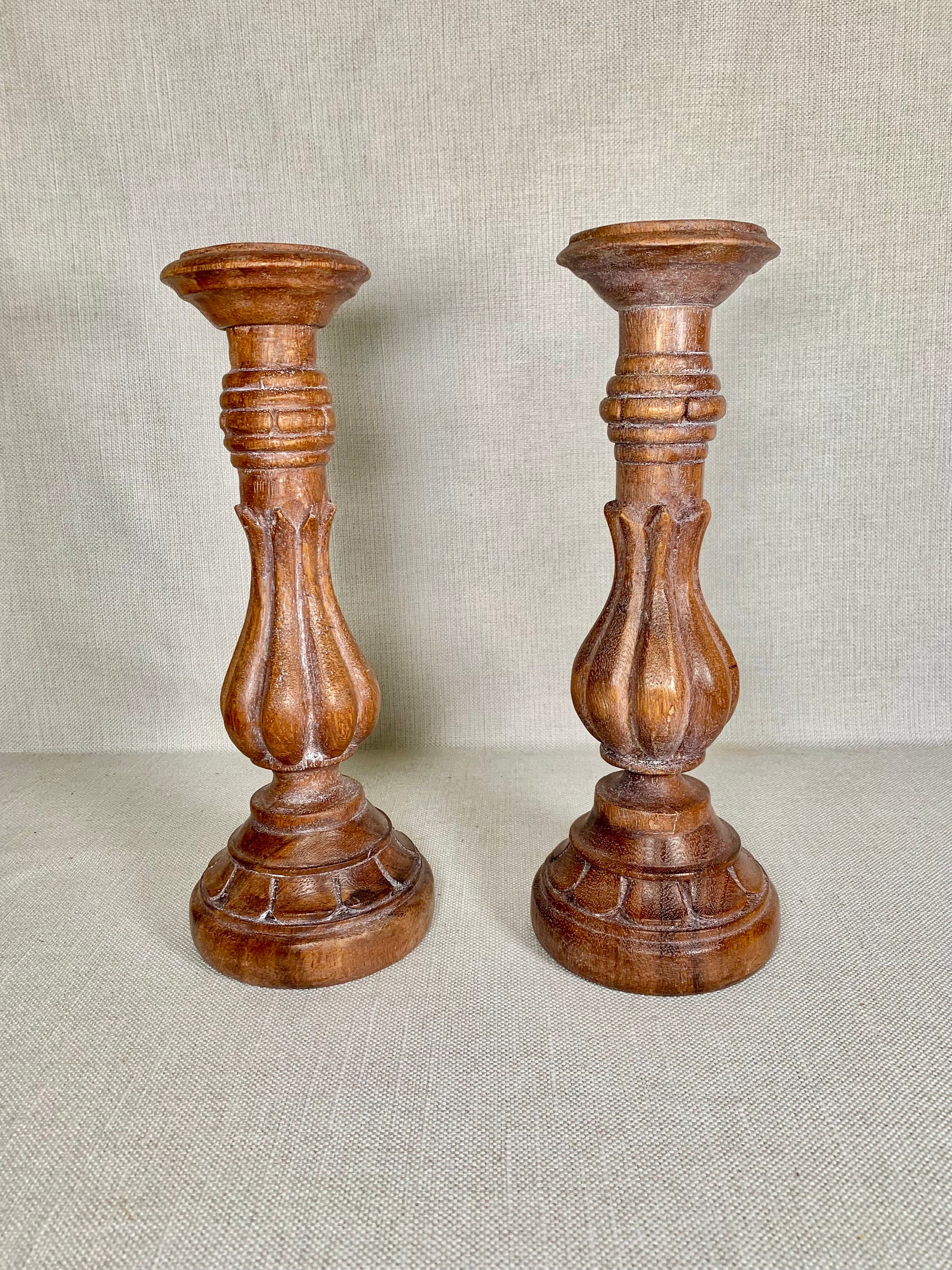 Pair of Handcrafted in Traditional Style Carved Mango Wood Candlestick ...