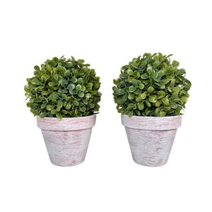 A pair of artificial mini boxwood topiary plants in white ceramic pots.