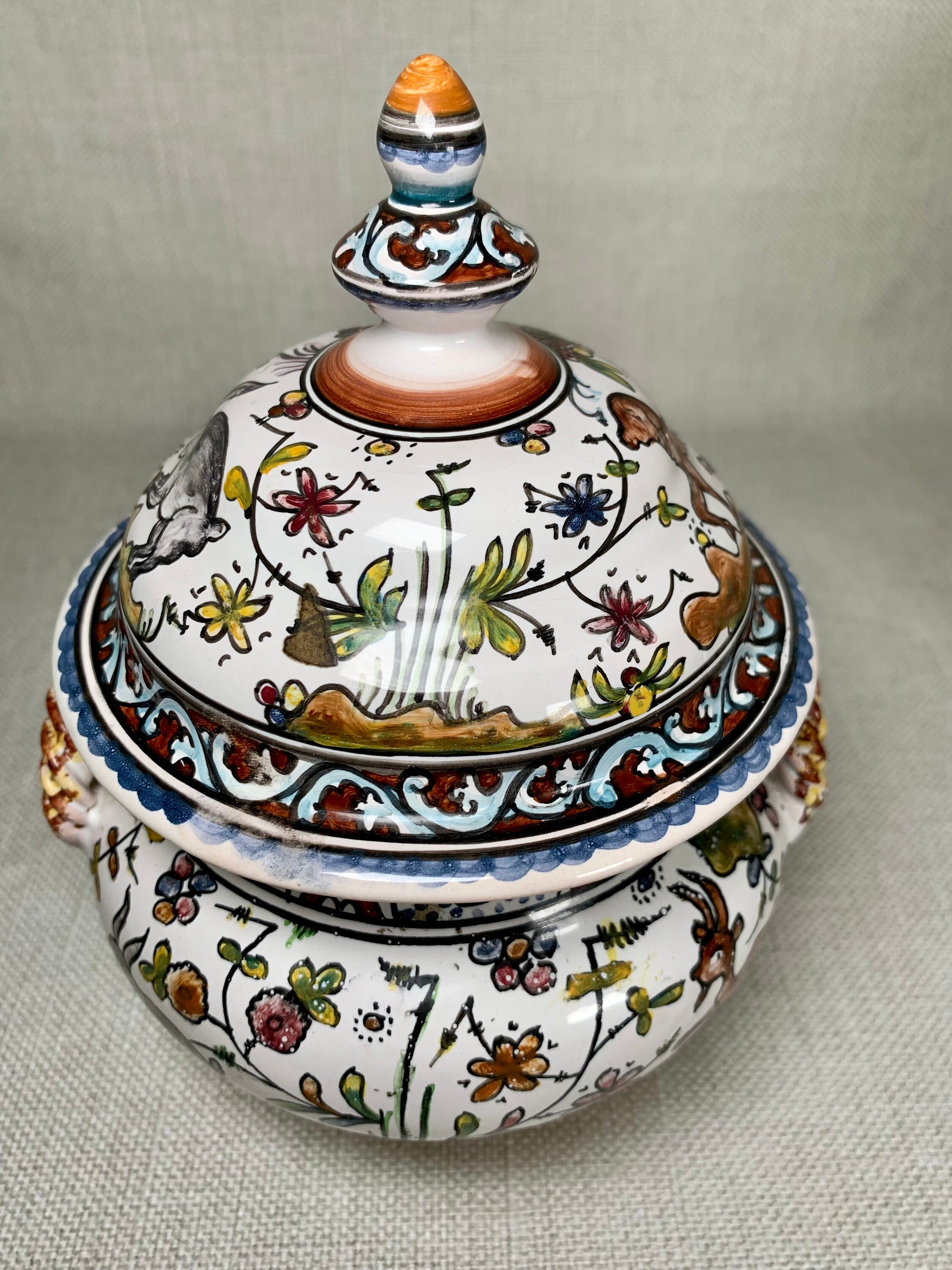 Antique Rare Delft Polychrome Hand-painted Lidded Vase
