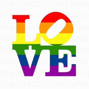 May include: The word "LOVE" is spelled out in white letters against a rainbow background. The letters are stylized and the "O" is a circle.