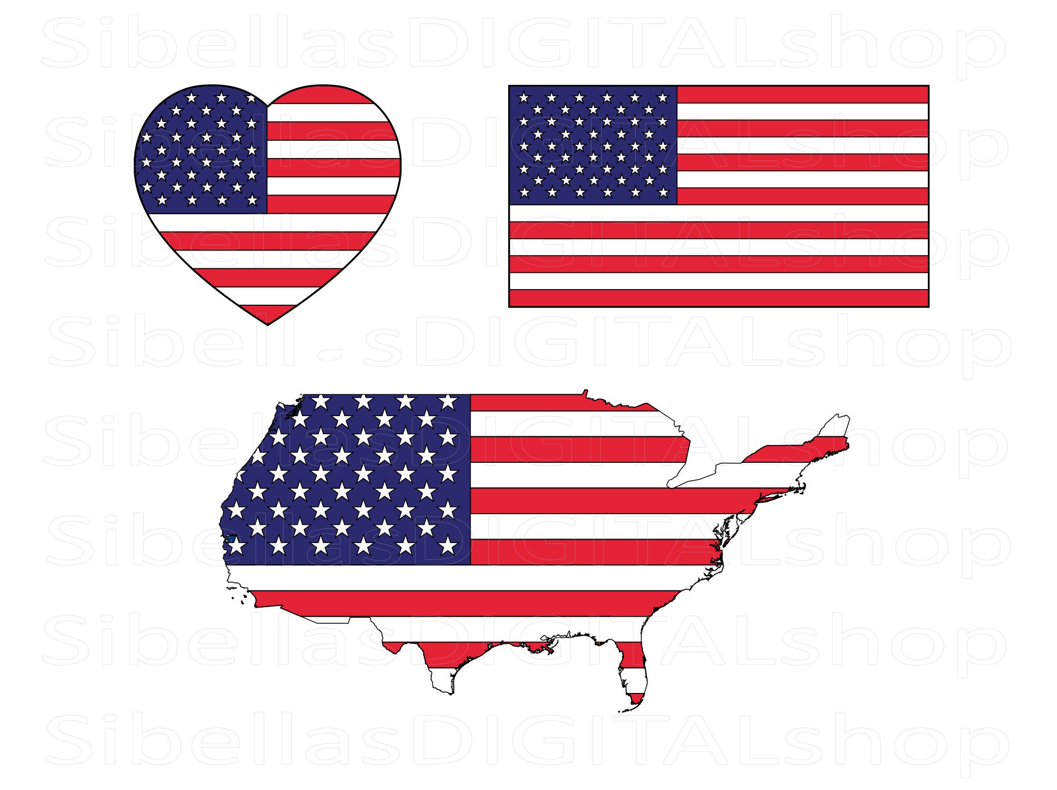 Patriotic USA Flag Heart Map: Stars & Stripes Clipart (Digital Download)