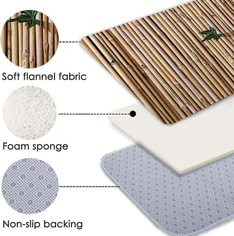 Set of 3 Pcs Bamboo Bath Rug Set Toilet Seat Cover Green Leaves Plant