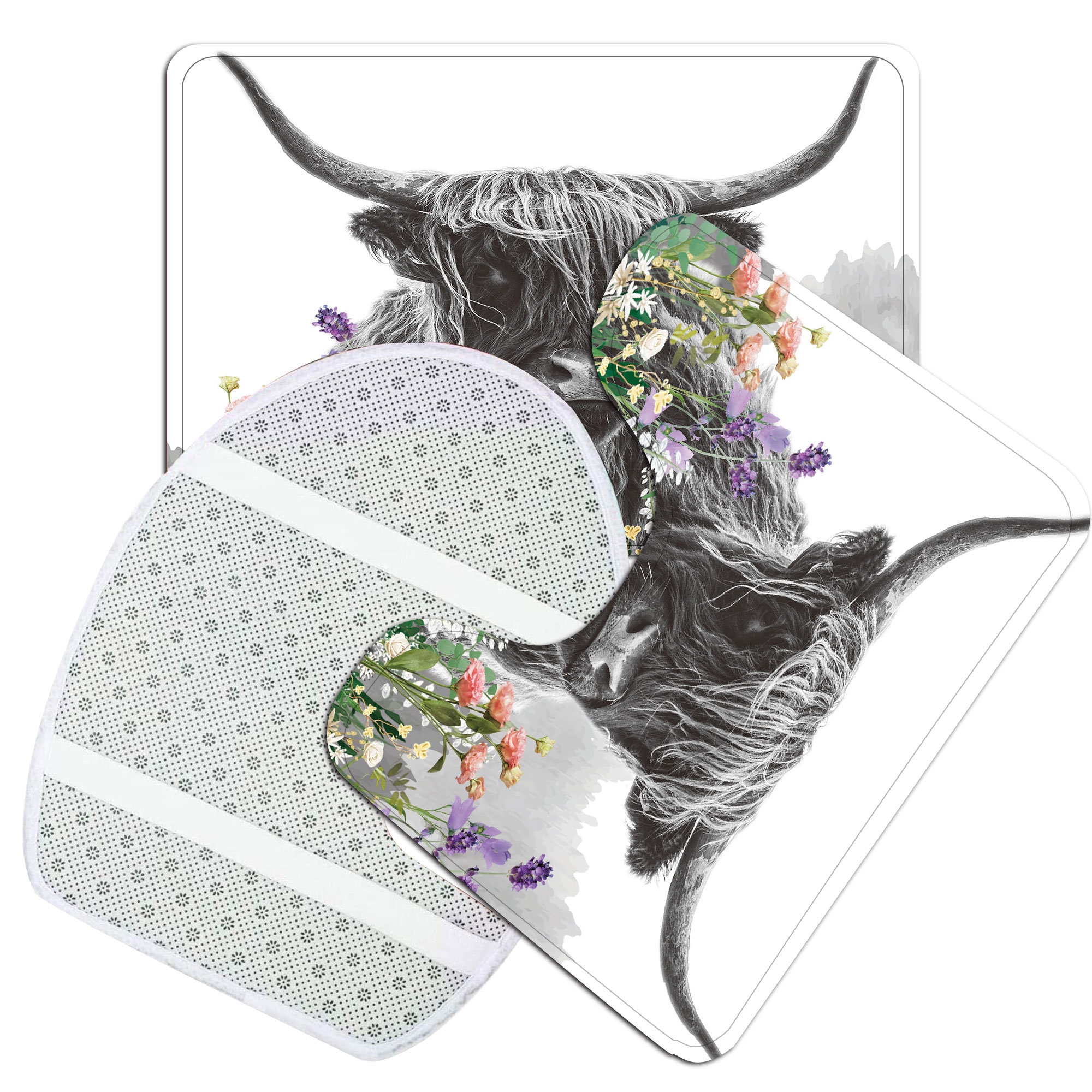 Highland Cow Bath Rug, Funny Farmhouse Animal Cattle Rustic Floral Toilet Seat Cover