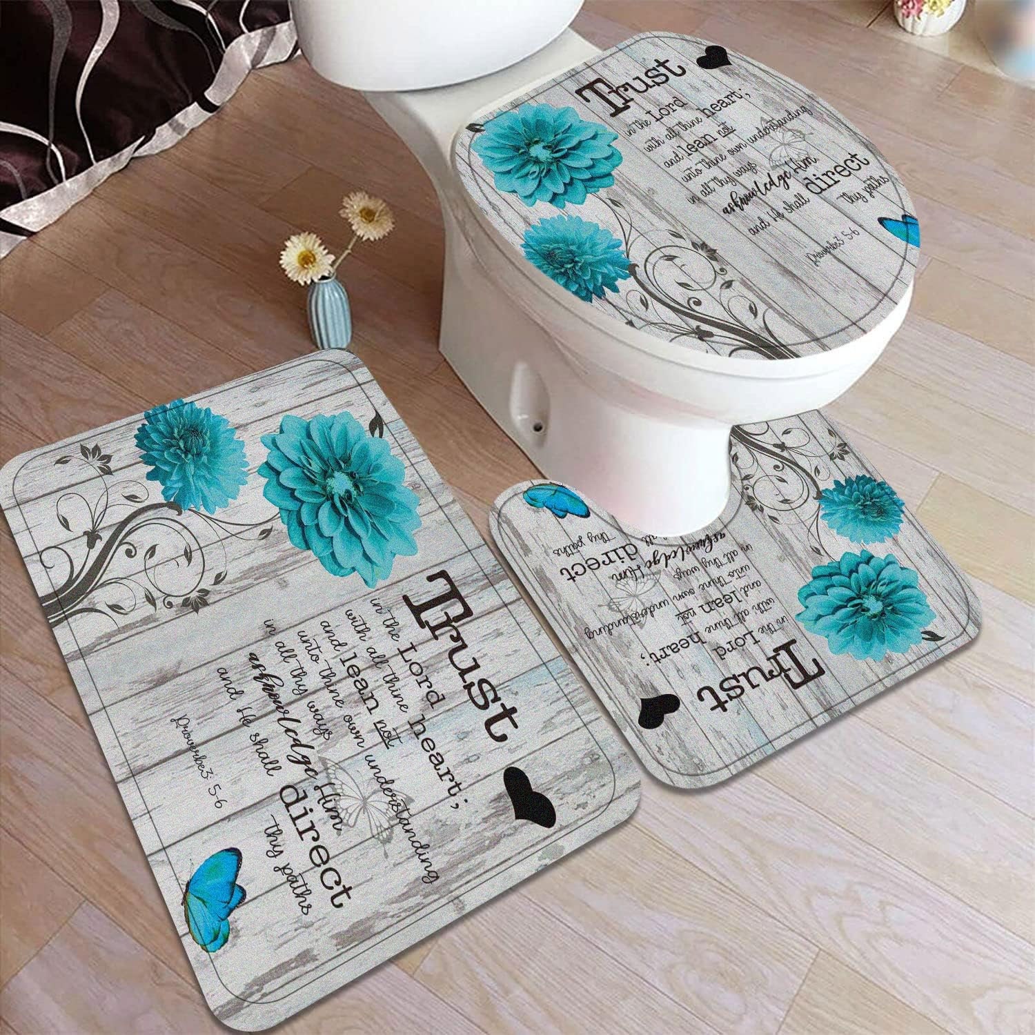 Inspirational Quotes Bath Rug, Dahlia Trust in the Lord Words Farmhouse Toilet Seat