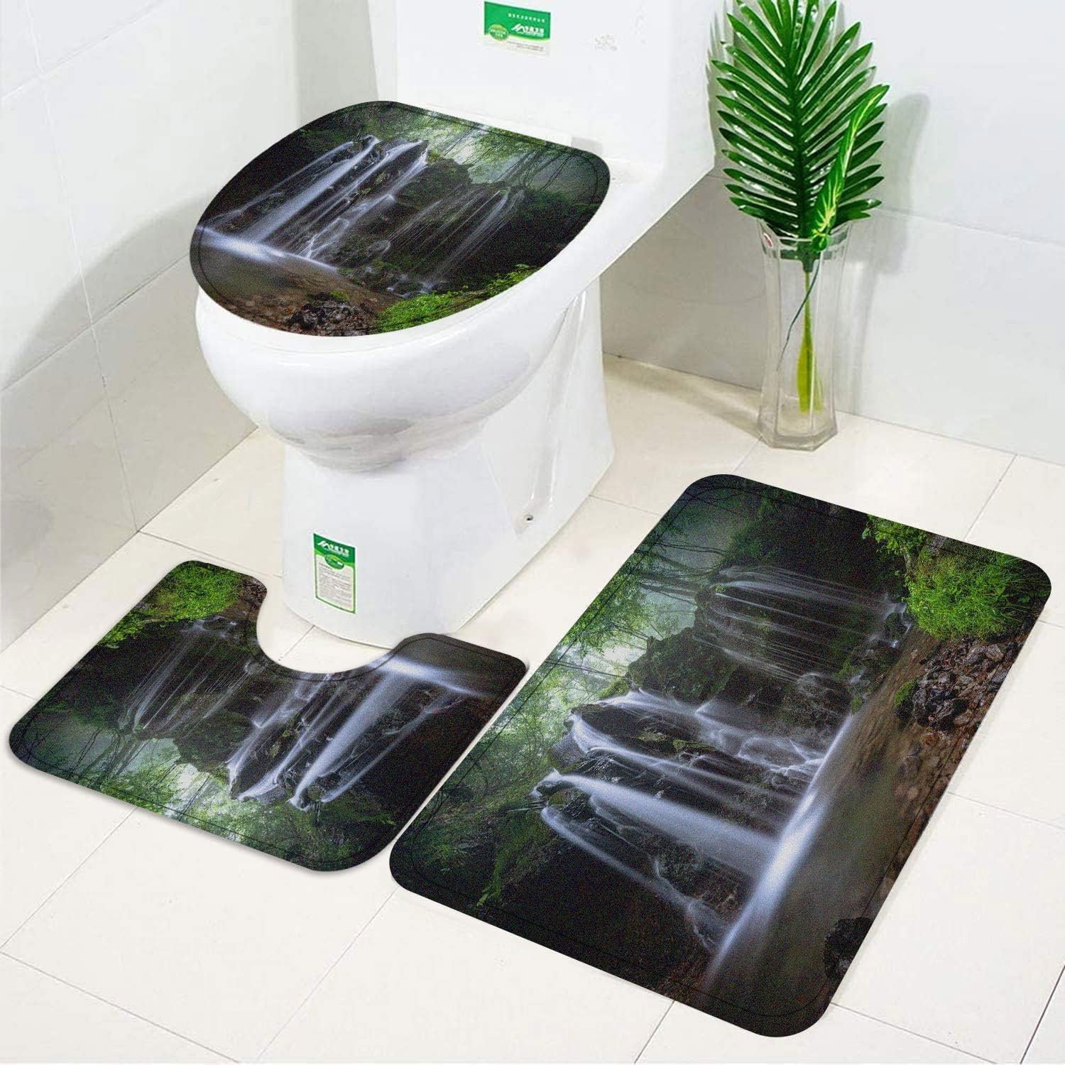 Waterfall Forest Bath Rug, Toilet Seat Cover, Tropical Rainforest Lake Spa Toilet