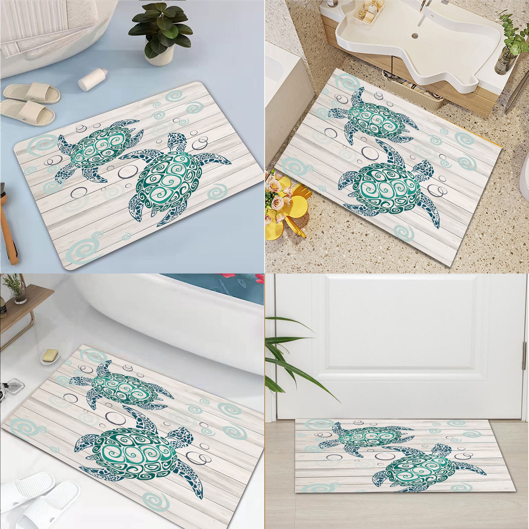 Turtle Bath Mat Teal Sea Marine Animal Tortoise Barn Door Wood Ocean