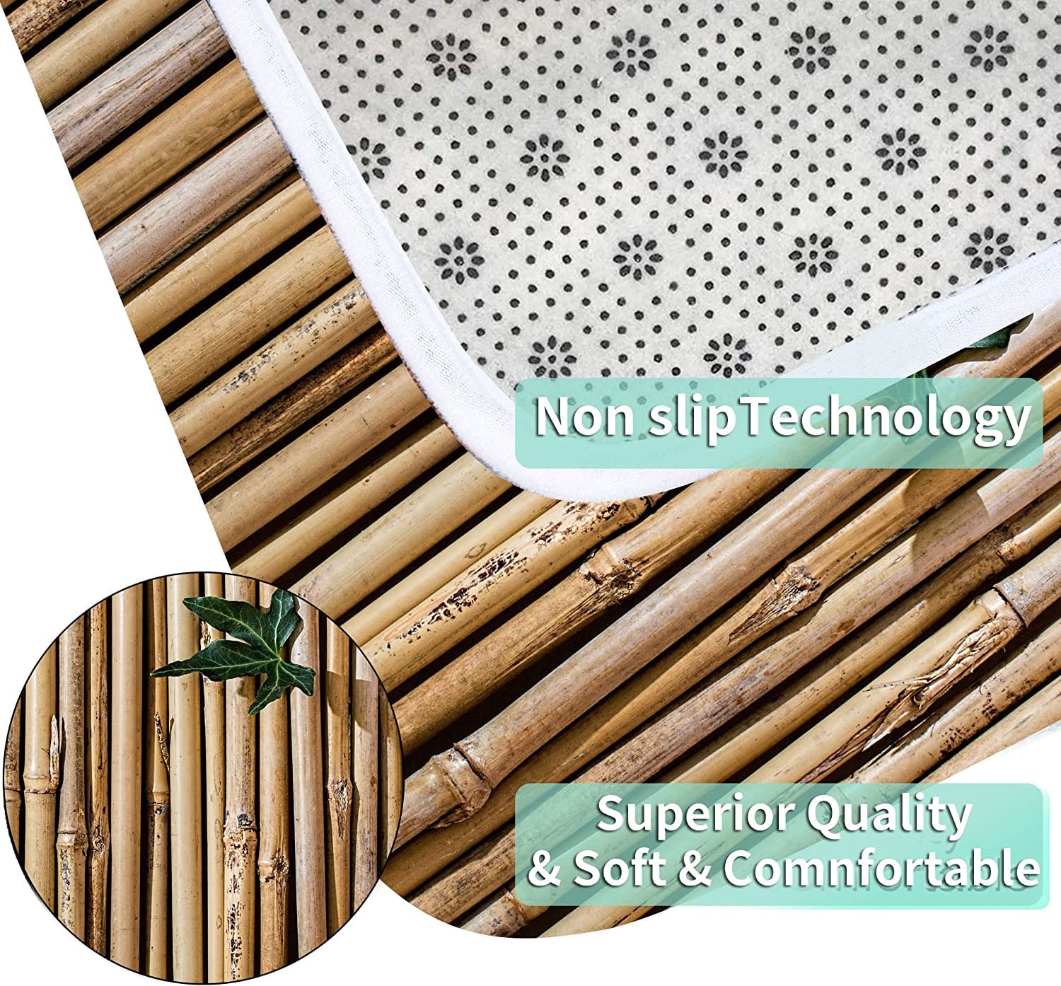 Set of 3 Pcs Bamboo Bath Rug Set Toilet Seat Cover Green Leaves Plant