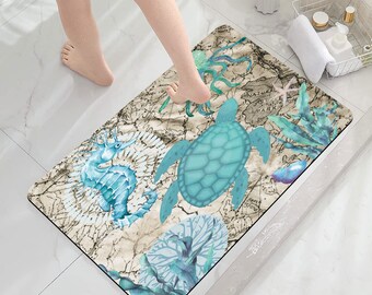 Ocean Theme Bath Mat Blue Turtle Octopus Seahorse Rubber Non Slip Bathroom Rugs Coastal Navigation Map Summer Ocean Life Soft Bath Rugs