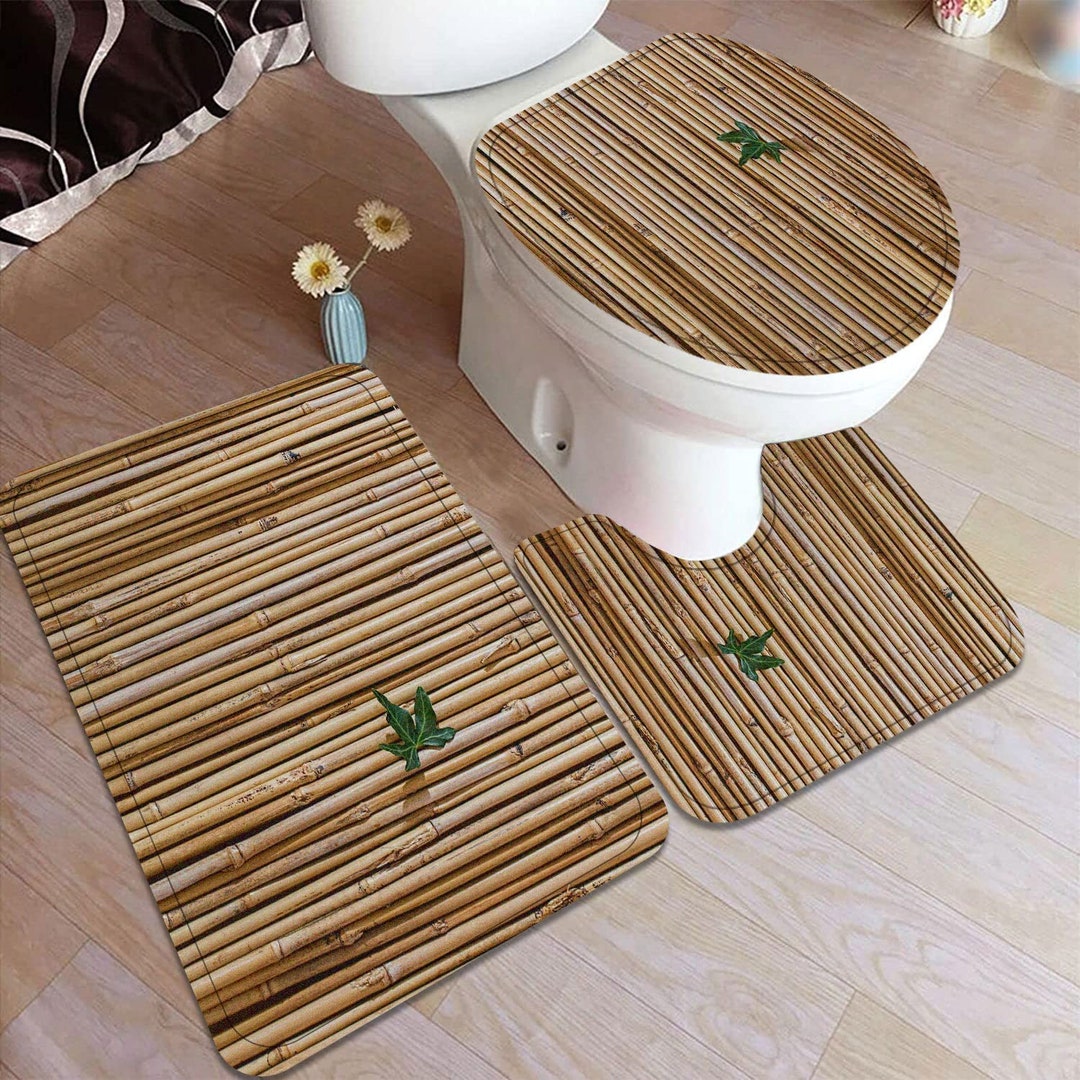 Set of 3 Pcs Bamboo Bath Rug Set Toilet Seat Cover Green Leaves Plant