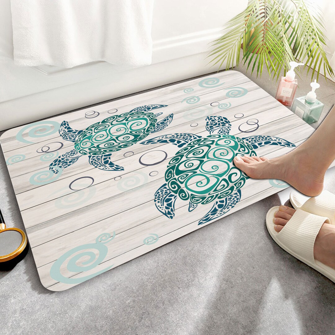 Turtle Bath Mat Teal Sea Marine Animal Tortoise Barn Door Wood Ocean