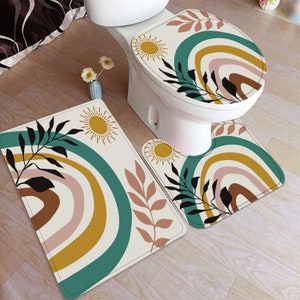 Set of 3 Pcs Mid Century Abstract Boho Bath Rug, Sun Rainbow Leaves Geometric Aesthetic Toilet Seat Cover Toilet Lid, Flannel Non-Slip Mat