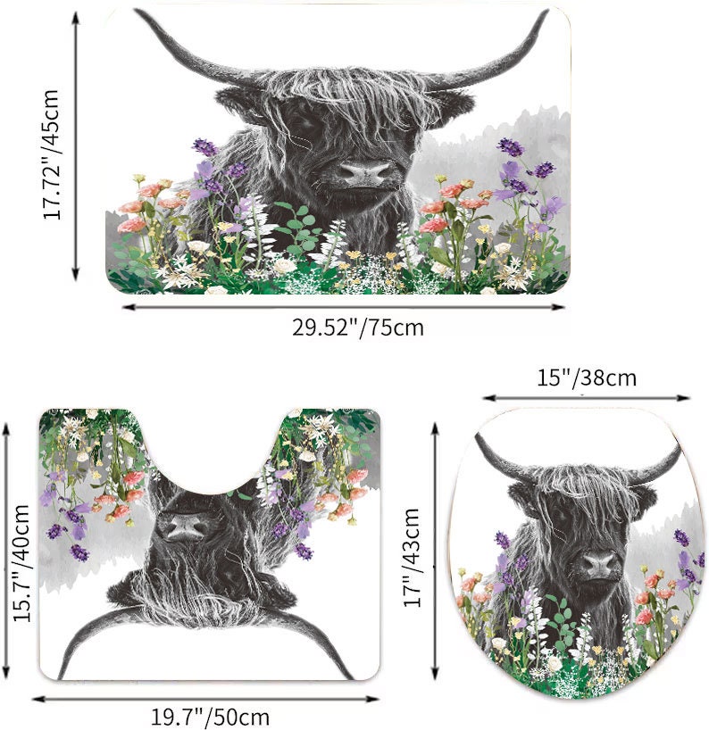 Highland Cow Bath Rug, Funny Farmhouse Animal Cattle Rustic Floral Toilet Seat Cover