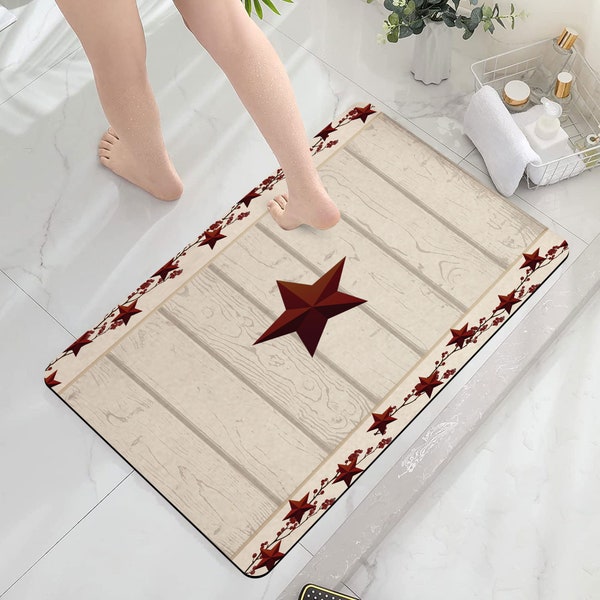 Rustic Farmhouse Bath Mat Horseshoe Texas Star on Old Barn Wooden Garage Door Vintage Western Country Cabin Brown Bathroom Decor Mat