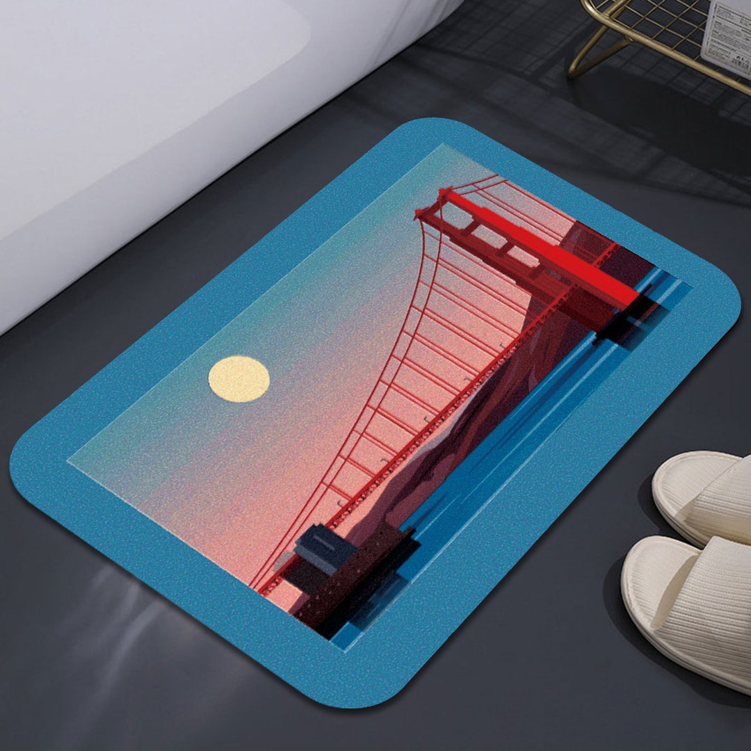 Colorful Golden Gate Bridge Bath Rug, Aesthetic Bath Mat, Diatomaceous