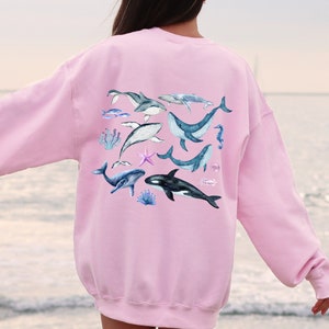 Watercolor Ocean Animals Whales Crewneck Sweatshirt, Surf Beach Swimming Ocean Sweatshirt, Conservation, Marine Biology Shark Sweater Gift.