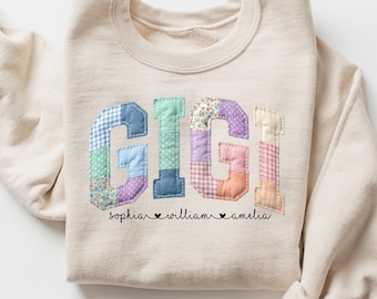 Custom Gigi Sweatshirt - Personalized Mama Faux Patchwork Sweater -  New Mom Gift -Mothers Day Hoodie