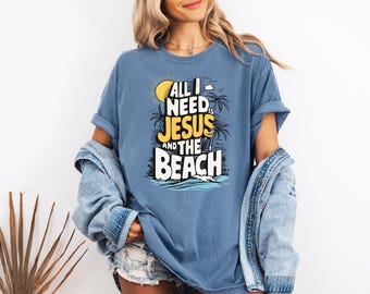 Retro Christian Trendy Oversized Comfort Colors Tee, All I need is Jesus and the Beach T-shirt, Sunset Summer Shirt, Faith Christian Gift