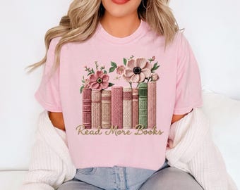 Comfort Colors Read more Books  Shirt,Crochet Faux Yarn Shirt,Floral Bookish Knitted Shirt,Retro Floral Book Shirt,Cute Spring CoffeeReading