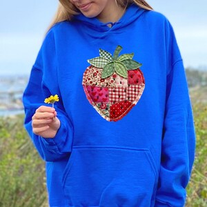 Strawberry Sweatshirt or Hoodie, Faux Patchwork, Quilted Farmhouse Berry Tee, Rustic Gingham Floral Cottagecore Shirt, Vintage Aesthetic Tee image 9