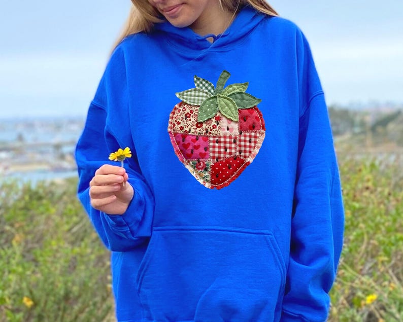 Strawberry Sweatshirt or Hoodie, Faux Patchwork, Quilted Farmhouse Berry Tee, Rustic Gingham Floral Cottagecore Shirt, Vintage Aesthetic Tee image 9