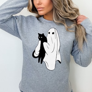 Ghost and Black Cat Halloween Sweatshirt and Hoodie, Cute Ghost Halloween Shirt, Spooky Season, Ghost and Black Cat Halloween Sweatshirt