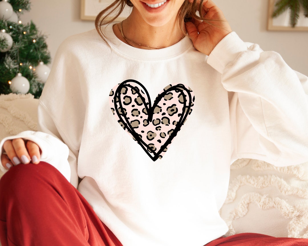 Heart Leopard Sequin Round Neck Sweatshirt