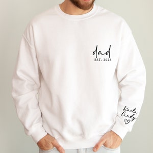 Custom Dad Est with Kids Names and Heart on Sleeve Sweatshirt and Hoodie,Dad Est Sweatshirt,Unique Gifts for Dad, Father's Day Gift