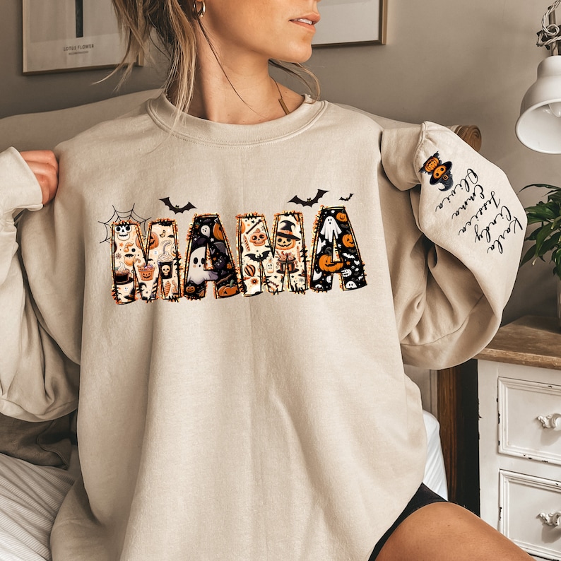 Personalized Halloween Mama Sweatshirt,Spooky Mama Shirt,Gift for Mom,Spooky Mama Sweatshirt, Halloween Shirt,Custom Name Halloween image 1