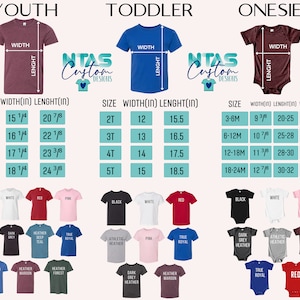 May include: Size chart for youth, toddler, and onesie shirts. The chart shows the width and length in inches for each size. The chart also includes the weight in pounds for onesies. The chart is divided into three sections: youth, toddler, and onesie. The youth section shows sizes S, M, L, and XL. The toddler section shows sizes 2T, 3T, 4T, and 5T. The onesie section shows sizes 3-6M, 6-12M, 12-18M, and 18-24M.
