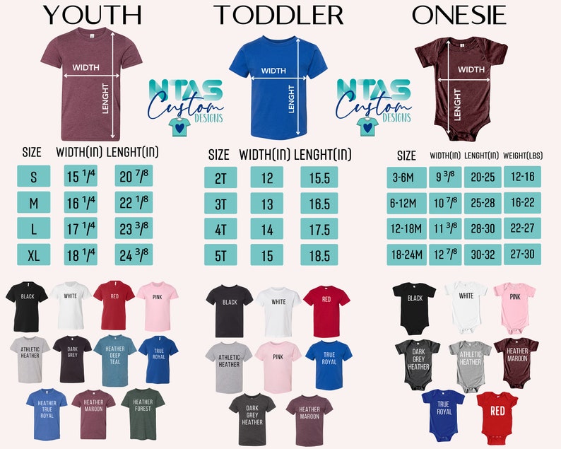 May include: Size chart for youth, toddler, and onesie shirts. The chart shows the width and length in inches for each size. The chart also includes the weight in pounds for onesies. The chart is divided into three sections: youth, toddler, and onesie. The youth section shows sizes S, M, L, and XL. The toddler section shows sizes 2T, 3T, 4T, and 5T. The onesie section shows sizes 3-6M, 6-12M, 12-18M, and 18-24M.