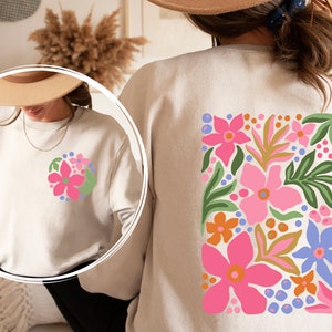 Pressed Flowers Printed Front and Back Sweatshirt and Hoodie, Wildflowers Vintage Botanical Sweater, Pastel Floral Nature Sweatshirt,Garden