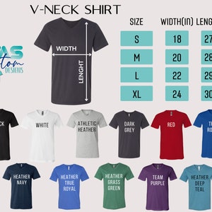 May include: V-neck t-shirt size chart with measurements in inches. The chart shows the width and length of the shirt in different sizes: S, M, L, and XL. The chart also shows a variety of colours for the t-shirt, including black, white, athletic heather, dark grey, red, true royal, heather navy, heather true royal, heather grass green, team purple, and heather deep teal.