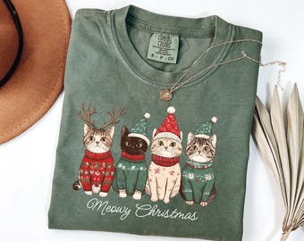 Meowy Christmas Comfort Colors® Shirt, Christmas Cat Tshirt, Vintage Cat with Santa Hat Shirt, Cute Retro Cat Lover Christmas Graphic Tee