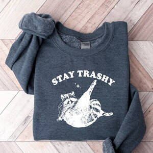 Op de afbeelding: Een donkergrijs sweatshirt met een witte afbeelding van een wasbeer en de tekst "STAY TRASHY" in wit.