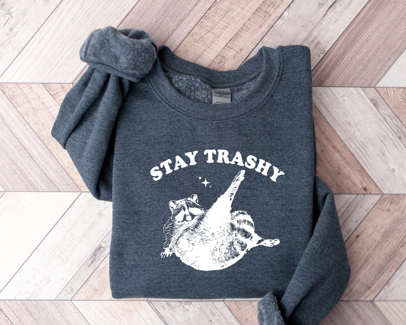 Op de afbeelding: Een donkergrijs sweatshirt met een witte afbeelding van een wasbeer en de tekst "STAY TRASHY" in wit.