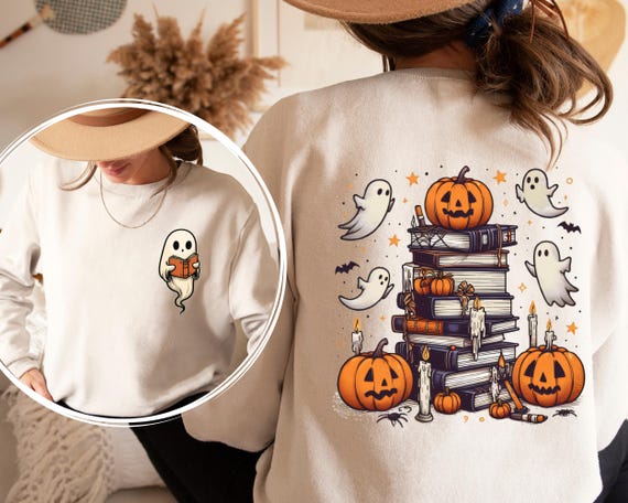 Bookish Ghost Sweater Spooky Library Shirt for Book Lover Reading Sweatshirt Cottagecore Pumpkin Crewneck Librarian Appreciation Gift
