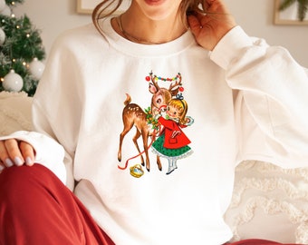 Vintage Reindeer Christmas Sweatshirt, Retro Christmas Shirt, Vintage Graphic, Vintage 1950s Girl and Reindeer Graphic, Rudolph Sweatshirt