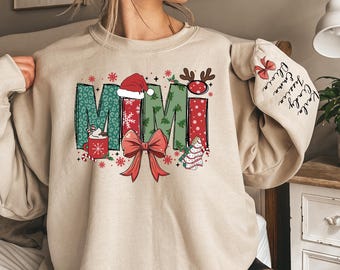 Christmas Mimi Sweatshirt, Custom Christmas Mimi Sweatshirt, Coquette Bow Christmas Mimi, Mimi Sweatshirt with Children Name on Sleeve