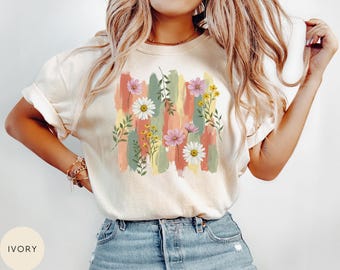 Floral Brushstroke Comfort Colors Shirt, Vintage Botanical Graphic Tee, Cottagecore Spring Shirt Aesthetic Flower Top Gift For Her Plus Size