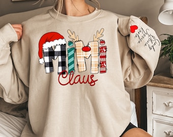 Custom Mimi Claus Sweatshirt and Hoodie, Christmas Mimi Claus Sweatshirt,Gift for Mom,Custom Mimi Sweatshirt with Children Name on Sleeve