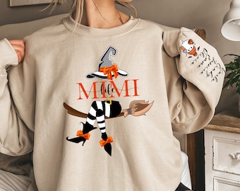 Custom Mimi Witch Sweatshirt for Halloween, Mimi Witch Sweatshirt with Names on Sleeve, Custom Halloween Mimi Shirt with Kid name Sweatshirt