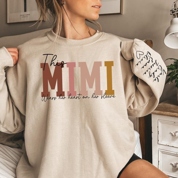 Custom This Mimi Wears Her Heart On Her Sleeve Hoodie, Personalized Mom Sweatshirt With Kids Names, Cute Momma Outfit, Mothers Day Gifts