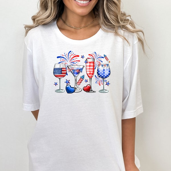 Happy 4th of July Wine Glasses Shirt, Wine USA Flag Shirt, Wine Lover Shirt, 4th of July Drinking Party Shirt, Independence Day Gift