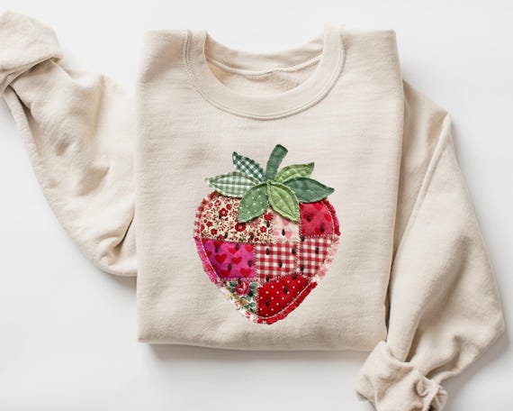Strawberry Sweatshirt or Hoodie, Faux Patchwork, Quilted Farmhouse Berry Tee, Rustic Gingham Floral Cottagecore Shirt, Vintage Aesthetic Tee