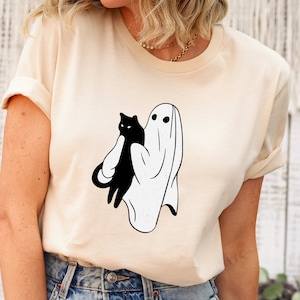 Ghost and Black Cat Halloween Shirt, Cute Ghost Halloween Shirt, Spooky Season, Ghost and Black Cat Halloween Shirt