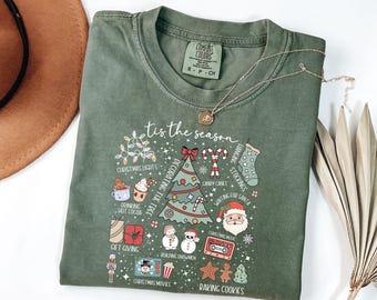 Christmas Comfort Colors Shirt, Christmas TShirt, Tis The Season Xmas Tee, Holiday Cookie Baking Tree TShirt, Merry And Bright Santa Tee